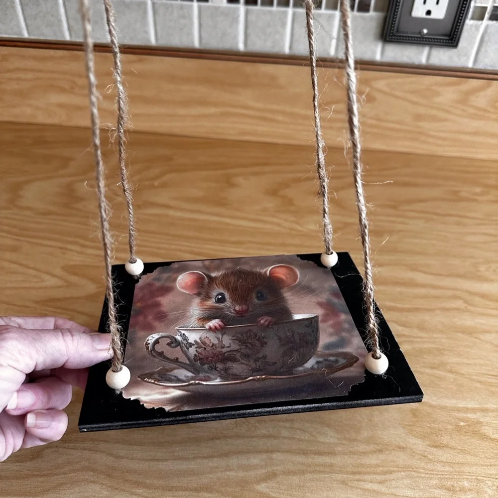 Hand crafted hanging floating shelf with mouse in teacup rustic rope wall shelf